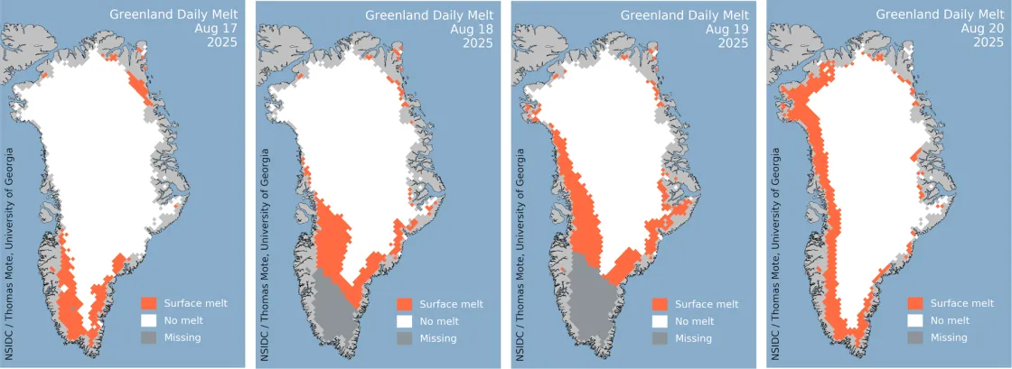 Four panels showing Greenland melt