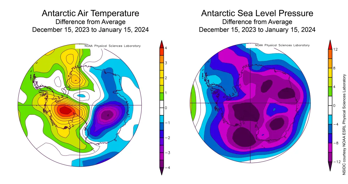 Air temperature and sea level pressure for Antarctica from Dec 15 to Jan 15, 2024