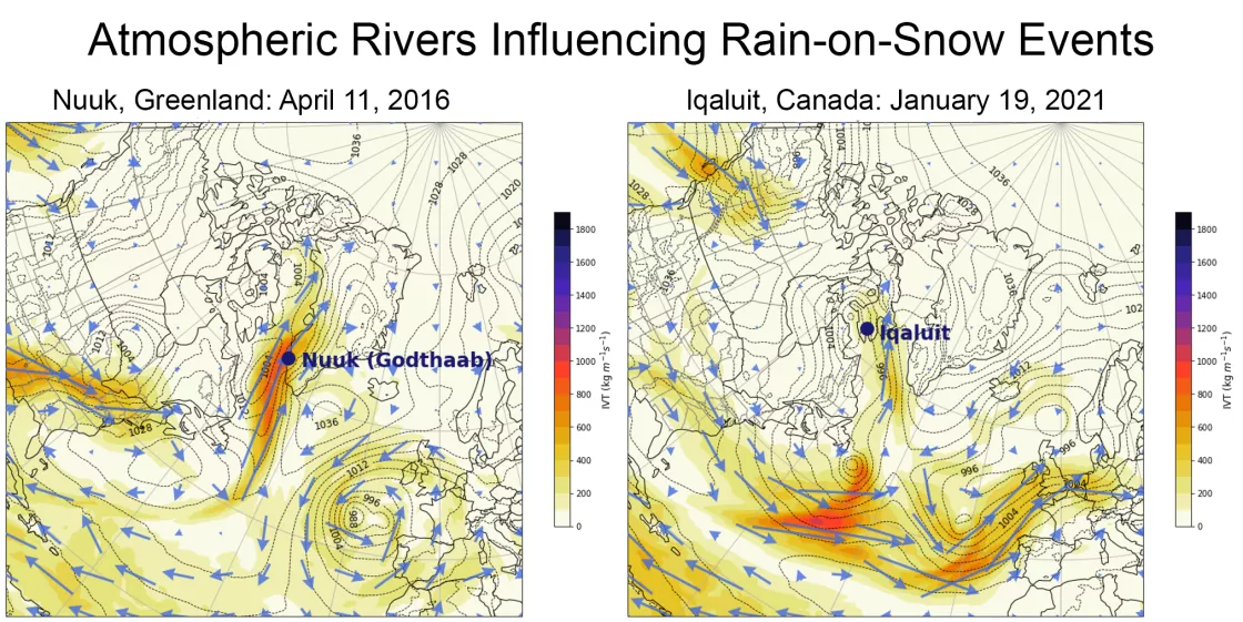 Figure showing atmospheric rivers influencing rain on snow events in Greenland (left) and Canada (right)