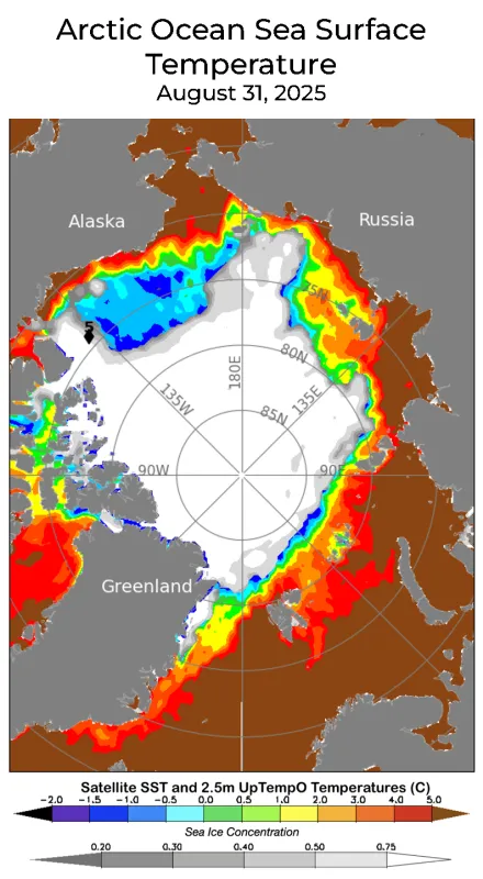 Arctic Ocean sea surface temperatures (SST) and sea ice concentration on August 31, 2025.
