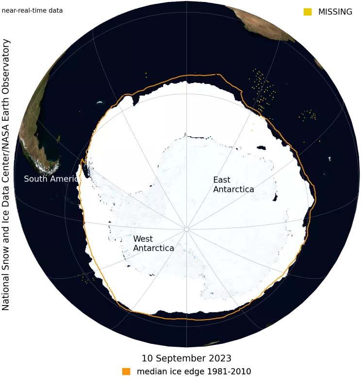 Antarctic sea ice extent NASA Blue Marble Image from September 10, 2023