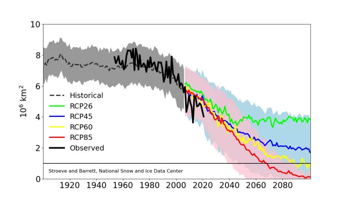 This plot shows observed and projected Arctic sea ice extent from 1900 to 2100 relative to Coupled Model Intercomparison Project Phase 5 (CMIP5) model projections of varying emission scenario levels from low to high based on the Representative Concentration Pathway (RCP), a greenhouse gas concentration trajectory adopted by the Intergovernmental Panel on Climate Change. Low is represented by RCP2.6 and high is represented by RCP8.5