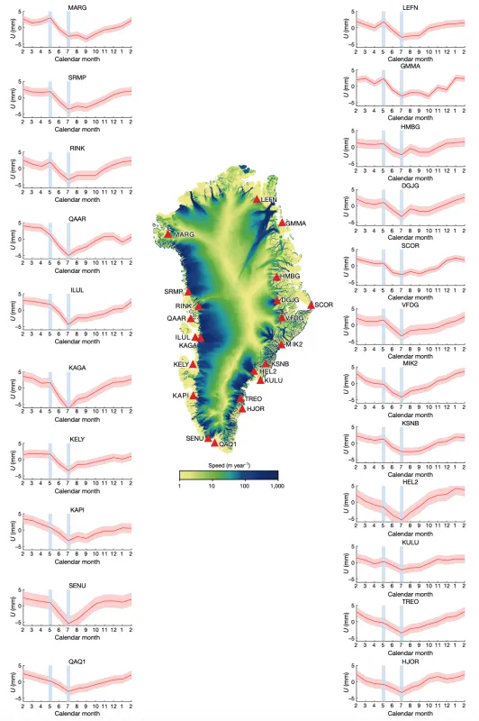 Greenland map with station locations and readings