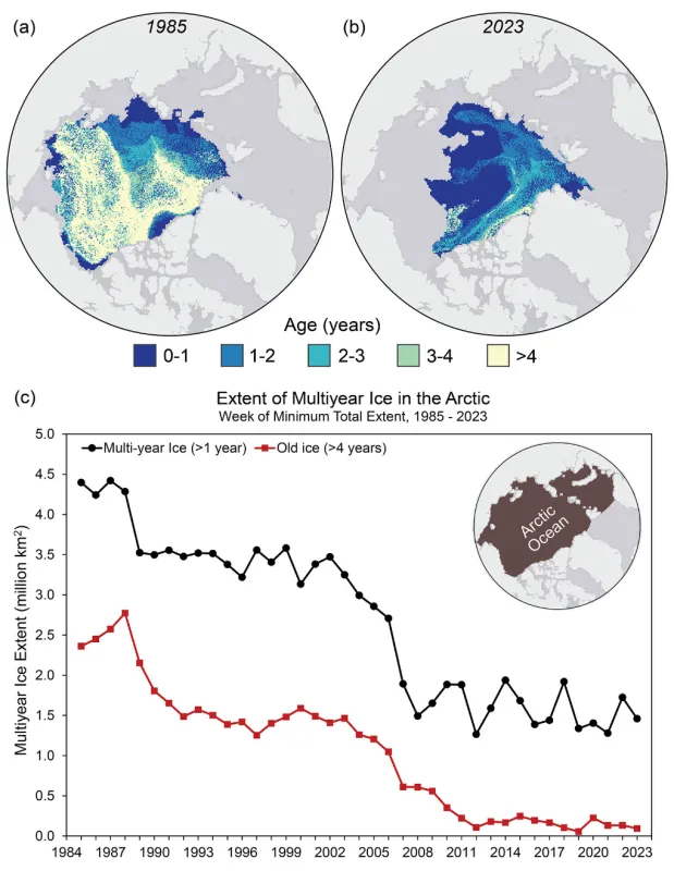 Maps and time series of Arctic sea ice age, 1985-2023