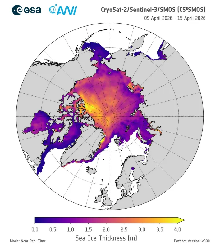 Color-coded map of sea ice thickness