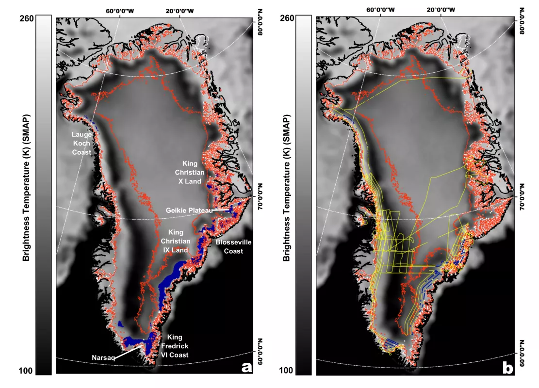 maps of Greenland that show firn aquifers, flight lines, and meltwater extent
