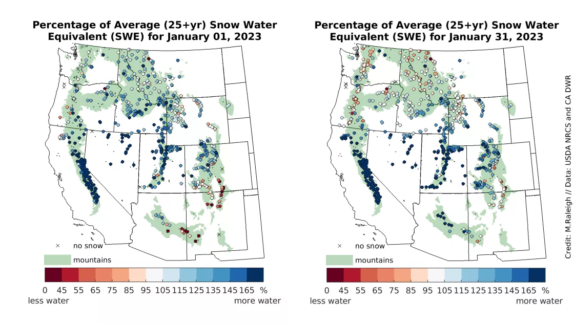 Two maps showing snow water equivalent at the beginning (left) and end (right) of January 2023