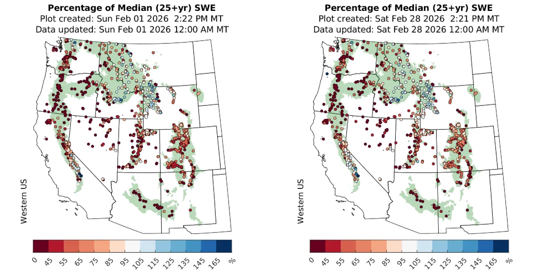 snow water equivalent (SWE) at monitoring sites at the start of February, and the right map shows SWE at the end of January. 
