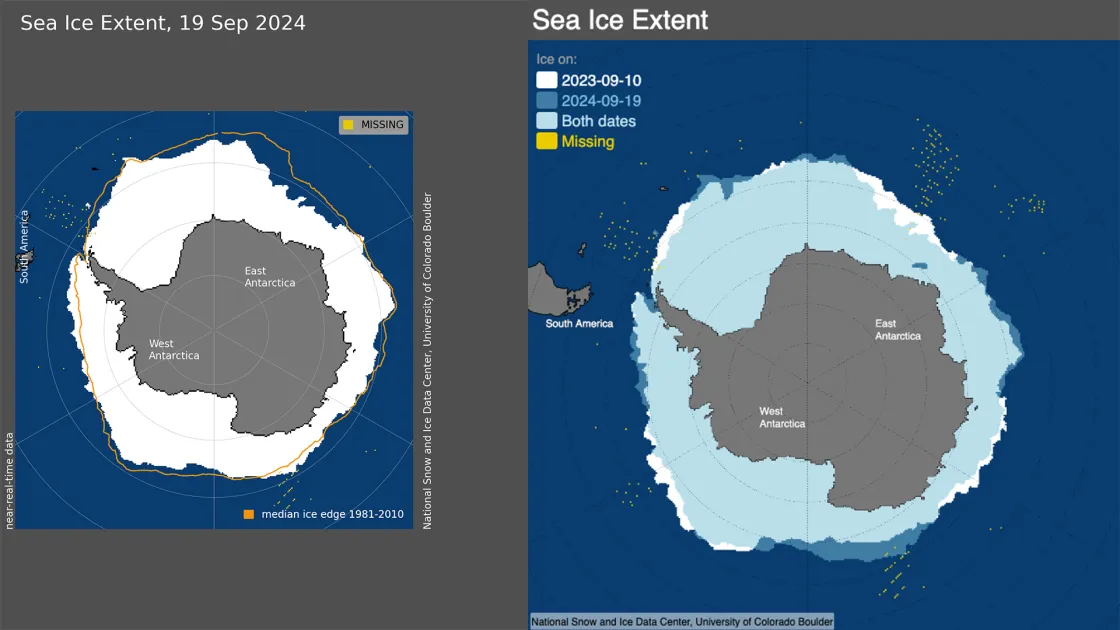 Map of Antarctic sea ice extent for maximum on left, comparison to last year on right