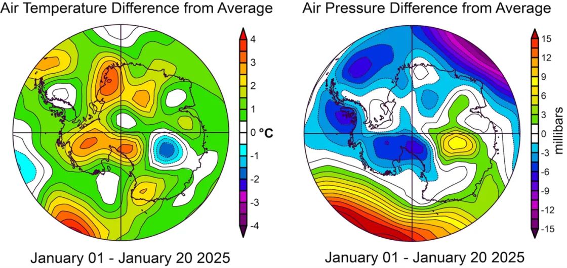 Figure 2. The map on the left shows surface air temperature difference from average for January 1 to January 20, 2024, for Antarctica. The map on the right shows difference from average air pressure for the same period. 