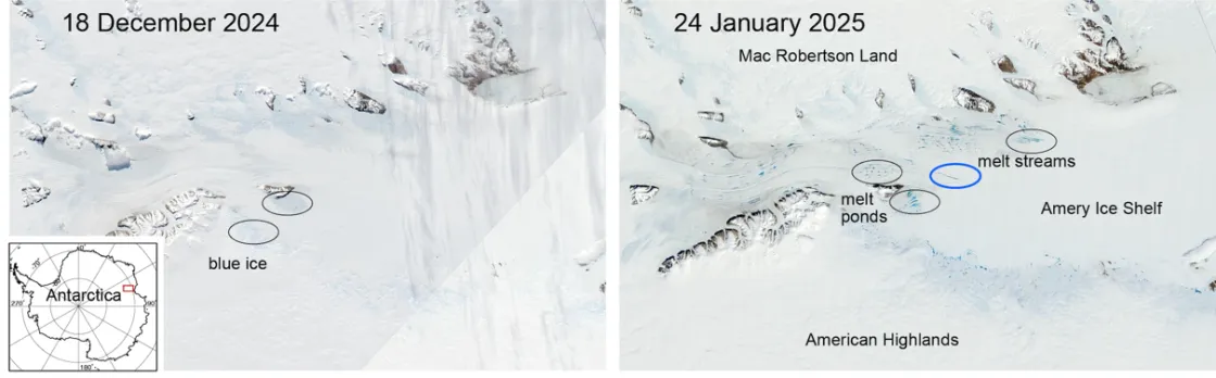 Figure 3. These two NASA Moderate Resolution Imaging Spectroradiometer images of the Amery Ice Shelf show the development of melt ponds and melt streams between December 18, 2024, and January 24, 2025. Images are 400 kilometers by 250 kilometers (249 miles by 155 miles), and north is to the upper right. The melt stream circled in blue continued to extend, growing by 14 kilometers (about 9 miles) between January 21 and 28, 2025. 