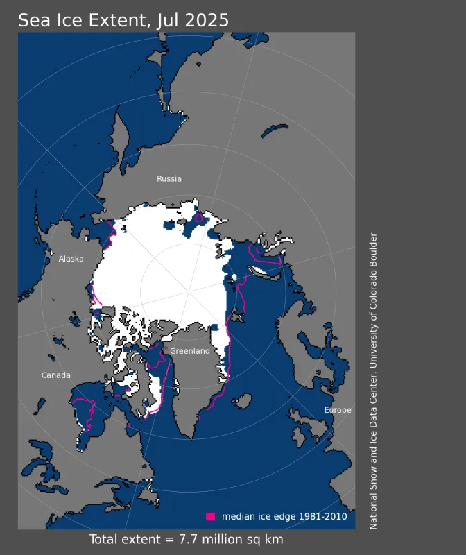 Map of Arctic sea ice extent, July 2025