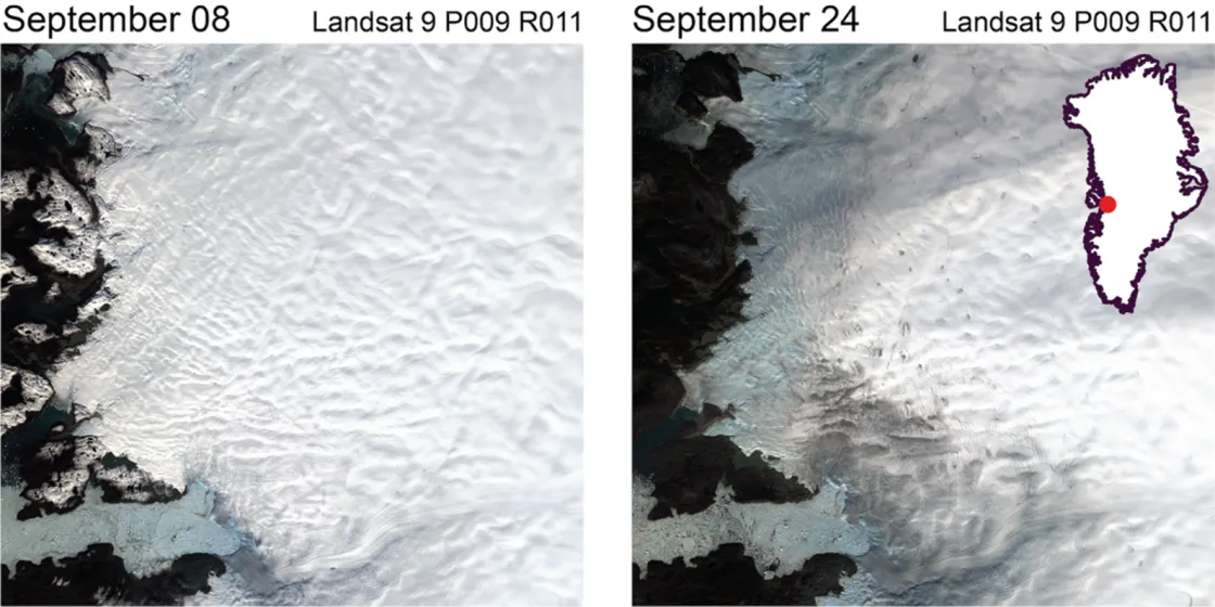 Landsat satellite images show the western edge of the Greenland Ice Sheet on September 8, on the left, and September 24, on the right,