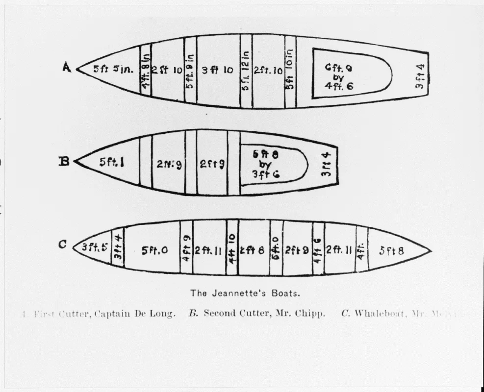 This sketch depicts the smaller boats from onboard the USS Jeannette, which the ship's crew dragged across the ice after the ship sank north of Siberia in June 1881. The top image is of the large cutter, the middle image is of the small cutter, and the bottom image is of the whaleboat. Credit: U.S. Naval History and Heritage Command Photograph
