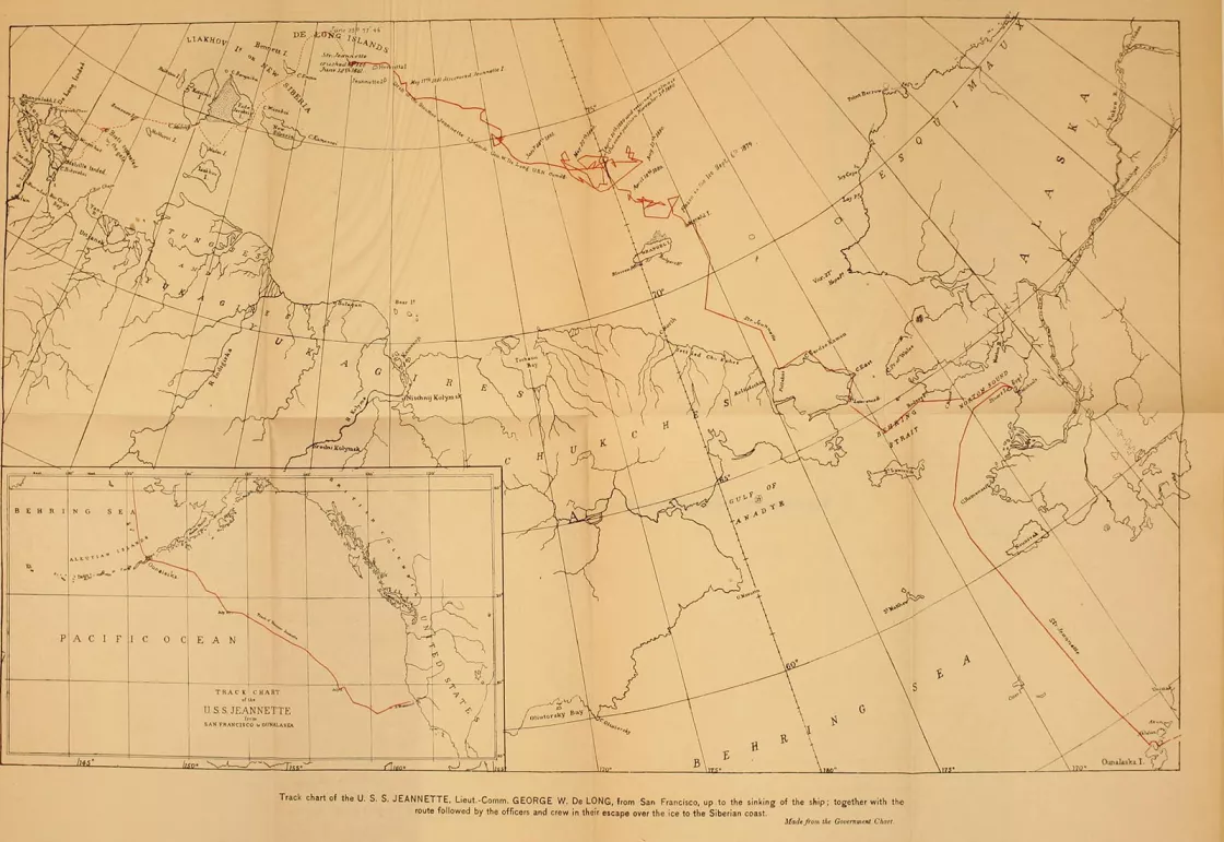 This chart shows the USS Jeannette crew’s route from San Francisco to where the ship sank and onward to the Siberian coast. Credit: National Archives