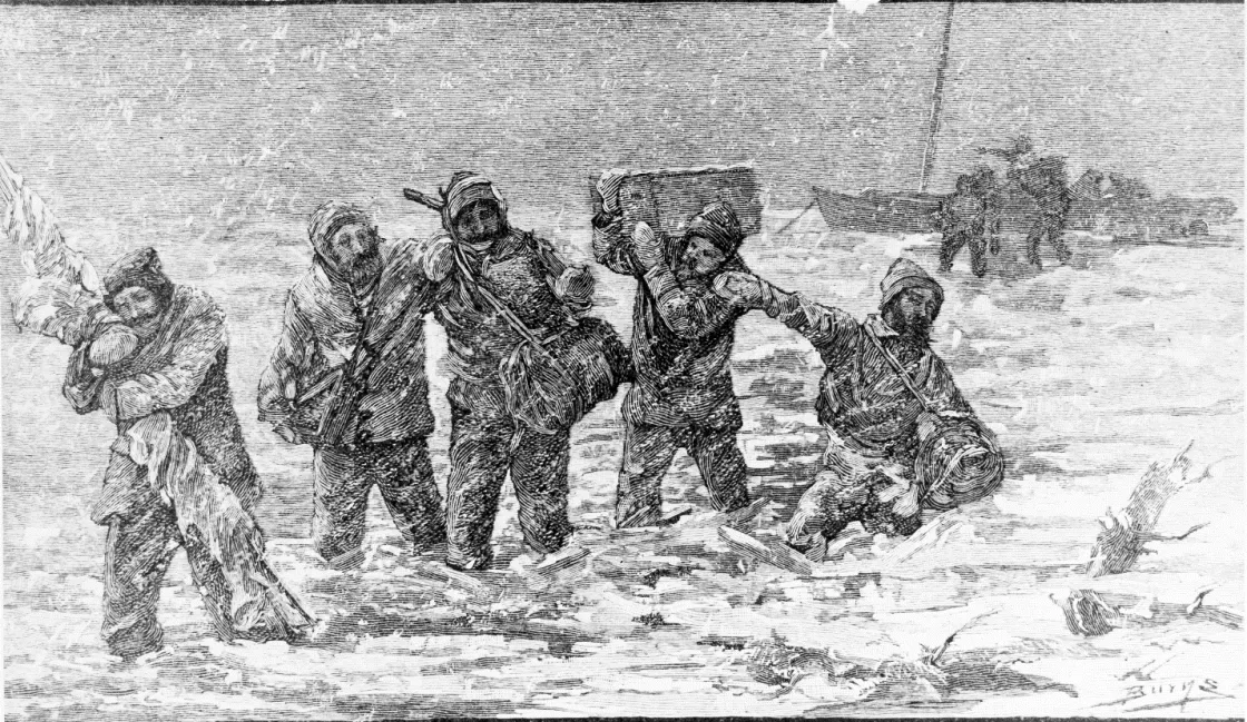 This image of a woodcut engraving by George T. Andrew depicts Captain George De Long and his party from the USS Jeannette's large cutter wading ashore on the north end of the Lena River Delta, Siberia, in September 1881. Credit: US Naval History and Heritage Command Photograph