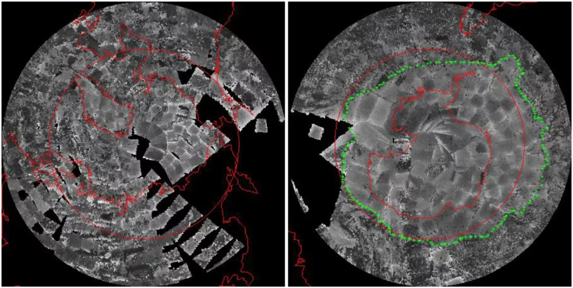 The National Snow and Ice Data Center scanned close to 40,000 images from Nimbus 1 satellite data to produce the earliest satellite images of Arctic and Antarctic satellite extent. The left image is a composite of the Arctic and the right image is a composite of the Antarctic. Credit: NSIDC