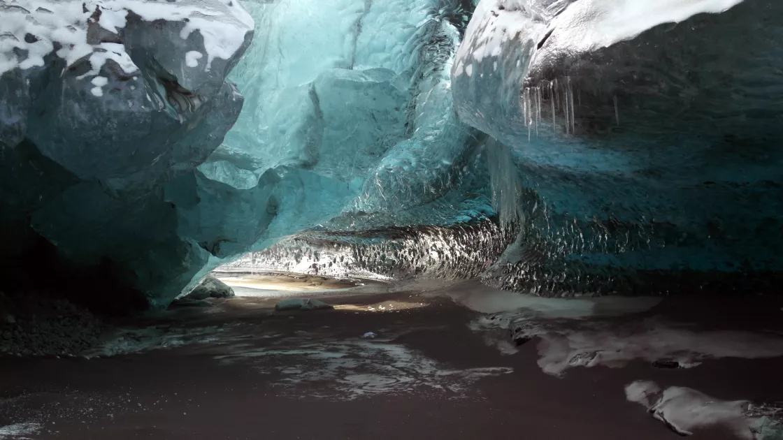Entrance of an ephemeral ice cave, Breiðamerkurjökull, in southern Iceland 