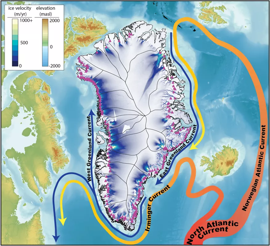 The Greenland Ice Sheet situated in the Arctic showing ocean currents