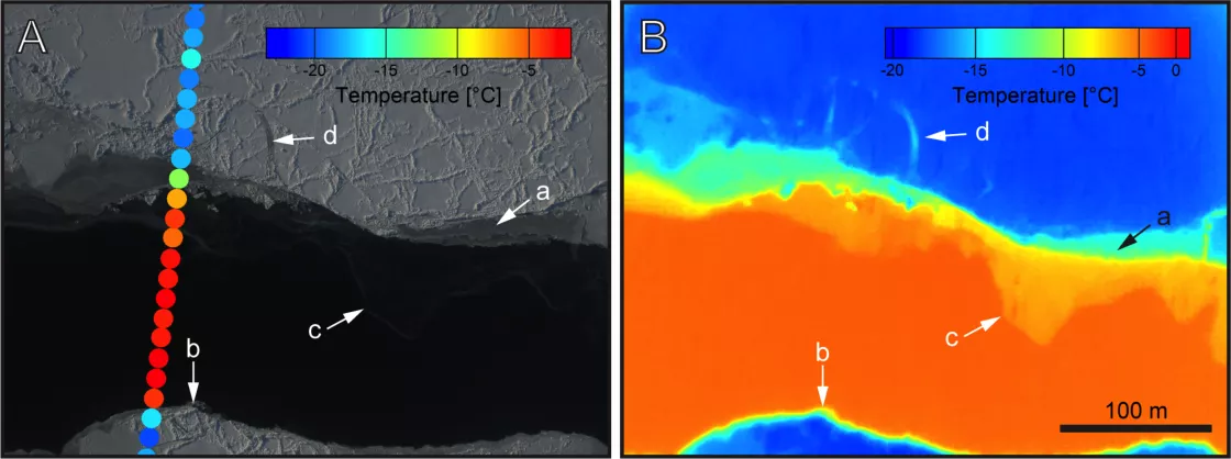 FLIR cameras help scientists map thinner ice that can’t be seen my many sensors. Image A is from the Digital Mapping System (DMS) camera, while image B is a FLIR image of the same area. a) Shows thermal imaging reveals thickness changes with different temperatures. b) shows temperature gradients across edge of lead. c) The thermal image reveals very thin ice that is difficult to identify in the DMS image and can lead to a bias in ice thickness estimates. d) Small scale features can be resolved with this cam