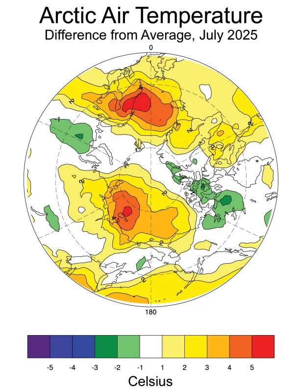 Map of Arctic temperature, July 2025