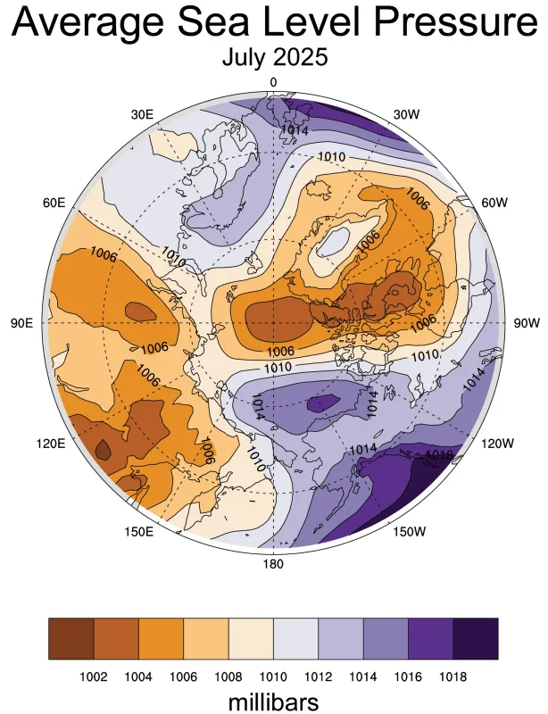Map of Arctic sea level pressure, July 2025