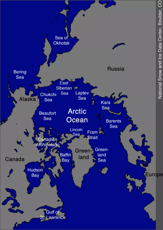 Map of Arctic Ocean with smaller seas labeled