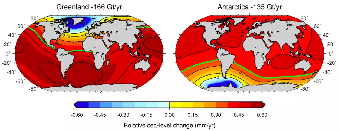 Maps of sea level rise from Greenland v. Antarctica