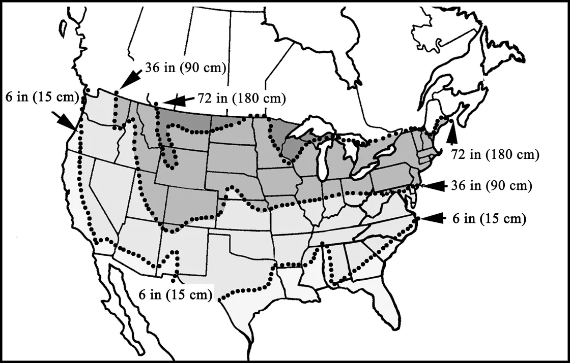 Map of frozen ground and depth in United States
