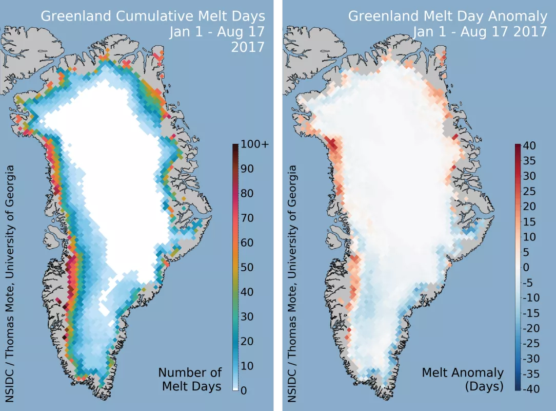 The map on the top left shows the cumulative melt days for Greenland's 2017 melt season through August 17, 2017; and the map on the top right shows the departure from average for melt days relative to the 1981 to 2010 average for the same period.