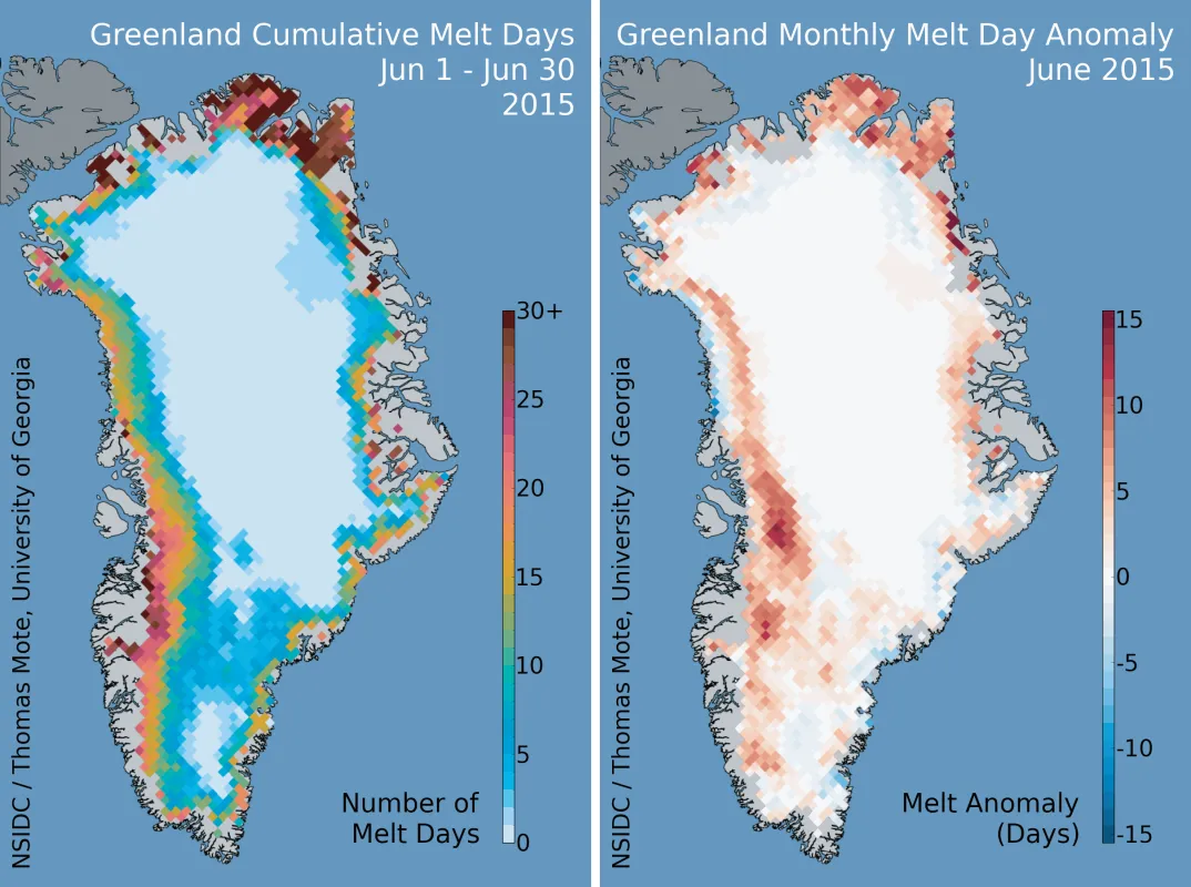 Figure 1a. The maps show the cumulative days of surface melting (left) and anomalies in the number of melt days (right) for June 2015 (30 days) on the Greenland Ice Sheet. Anomalies are compared to the period 1981 to 2010. Data are from the MEaSUREs Greenland Surface Melt Daily 25km EASE-Grid 2.0 data set. 