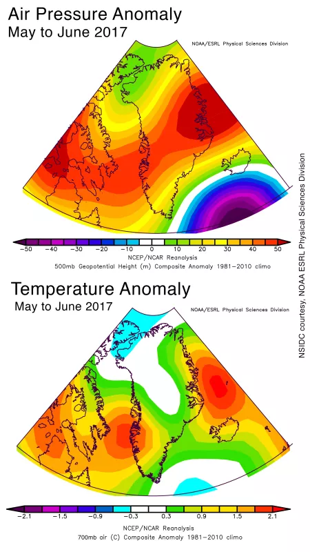 Air pressure and temperature anomalies May - June 2017 in Greenland