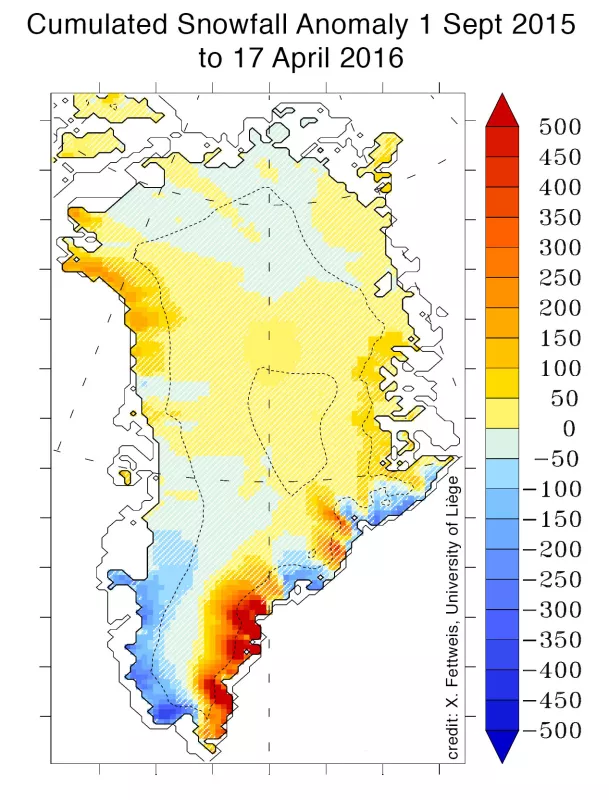 Figure 4: This map of Greenland shows the total precipitation (in millimeters of water equivalent) from September 1, 2015 to April 16, 2016. The hatched area indicates regions with near-average snowfall levels. Anomalies are compared to the 1981 to 2010 average. 