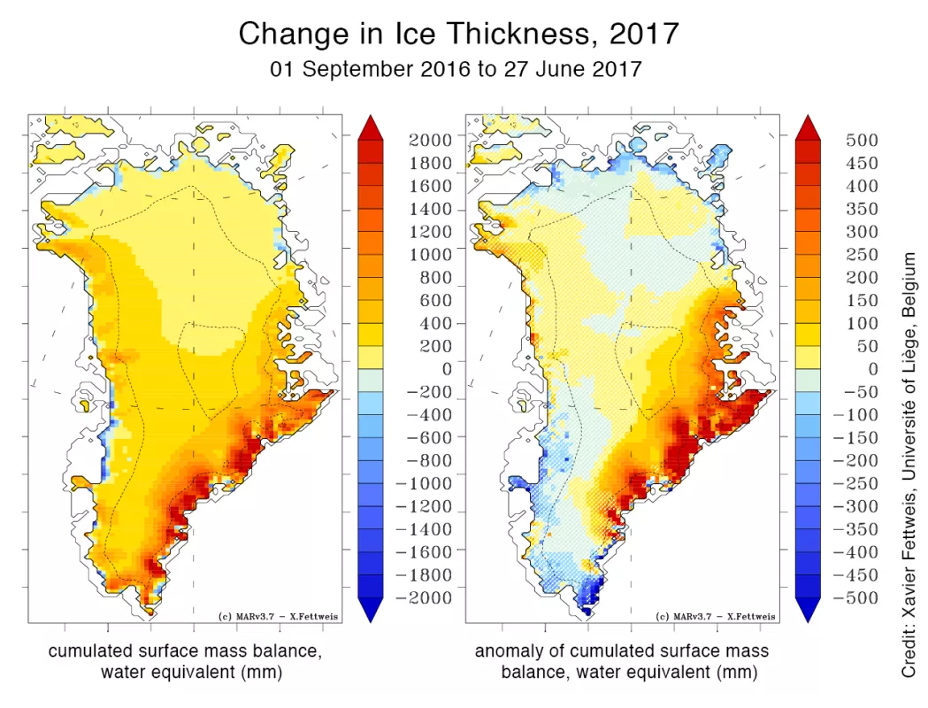 Change in ice thickness maps created with a climate model simulating surface mass balance departure from average for Greenland as of June 27, 2017