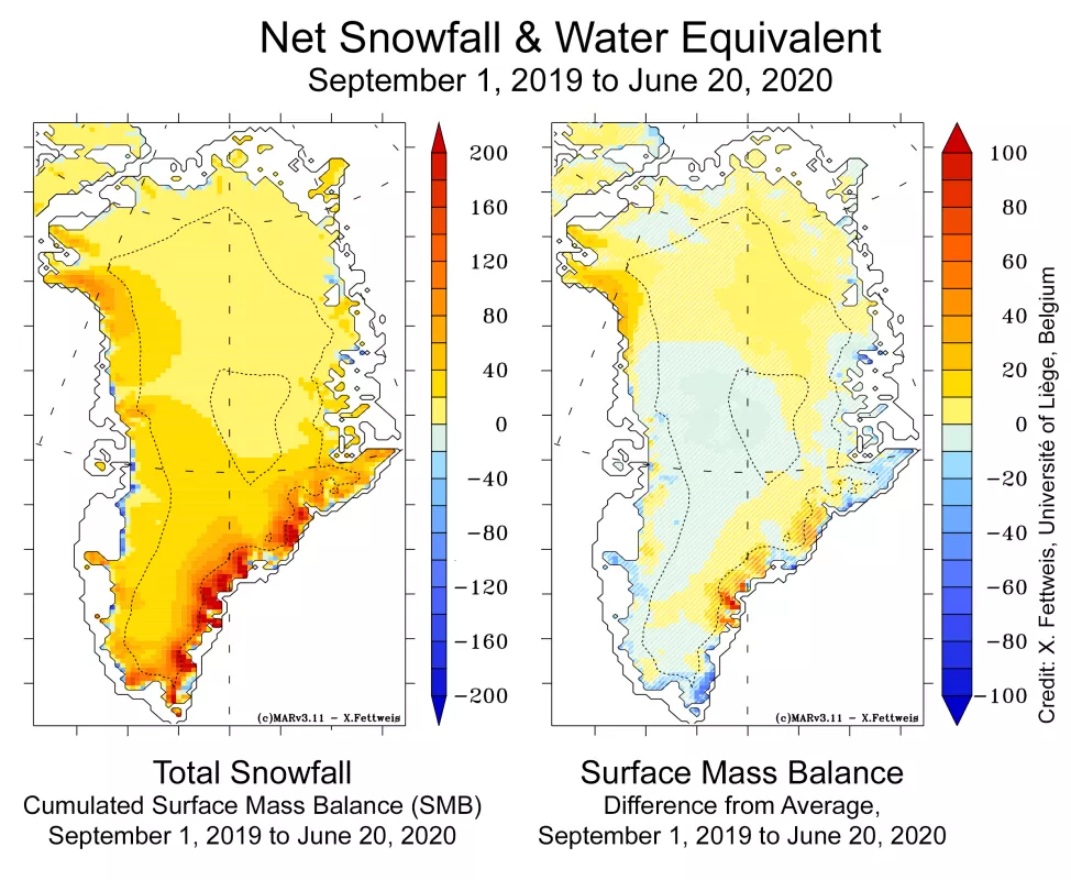 Figure 4: Net snowfall and water equivalent maps