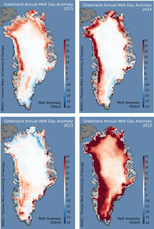 Figure 1a. The maps show the difference from the 1981 to 2010 average number of melt days in 2015, 2014, 2013, and 2012 on the Greenland Ice Sheet. Data are from the MEaSUREs Greenland Surface Melt Daily 25km EASE-Grid 2.0 data set. 