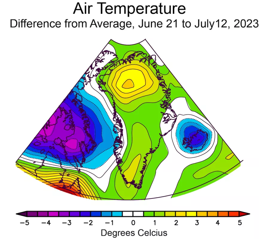 The above plot illustrates average surface air temperature as a difference from the 1991 to 2020 mean for the period of June 21 to July 12, 2023, for Greenland and the surrounding areas. Warmer-than-average conditions are now present across nearly all of the ice sheet. 