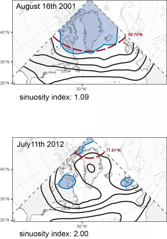 Figure 7. This figure shows example days of the mapping of air-flow waviness over the study area used in the Preece et al., 2023 study. The top map shows airflow contours with low sinuosity (waviness) on August 16, 2001. The bottom map shows a strong waviness pattern on July 11, 2012. 