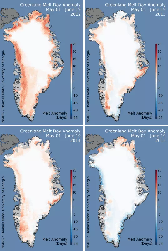 Figure 1b. These maps show the melting trends for 2012, 2013, 2014, and 2015, with the same processing and reference period as the upper right map in Figure 1a. Each map shows the 50 days leading up to June 19. Data are from the MEaSUREs Greenland Surface Melt Daily 25km EASE-Grid 2.0 data set.