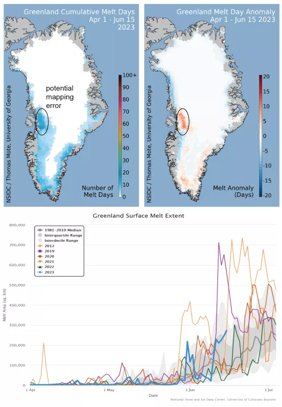Data images showing cumulative melt day data for the Greenland ice sheet (June 2023)