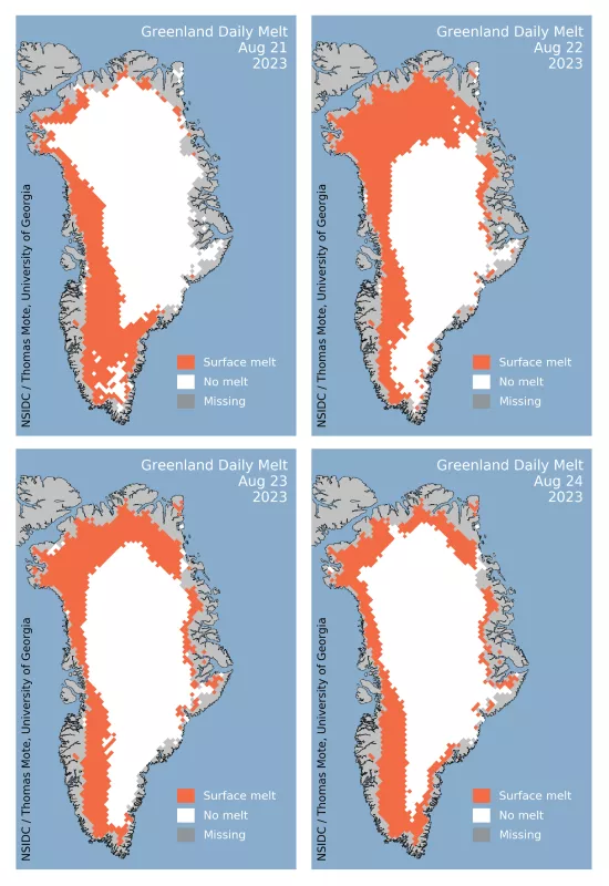 These maps show Melt area on August 21 through 24 showing the progression of the melt event.