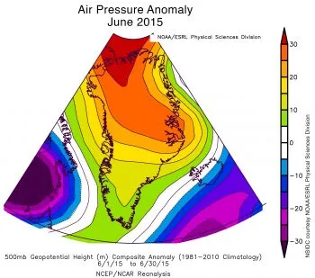 Figure 2bFigure 2b. The plot shows the height departure from average of the 500 millibar pressure level for June 2015, during the period of rapid increase in surface melt. Anomalies are compared to the 1981 to 2010 average.