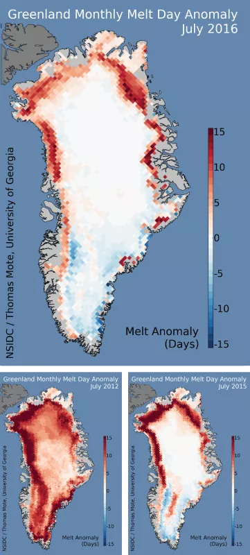 These maps show the Greenland Ice Sheet's cumulative melt day anomalies for July 2016 (top), July 2012 (bottom left), and July 2015 (bottom right) relative to the July average for 1981 to 2010.