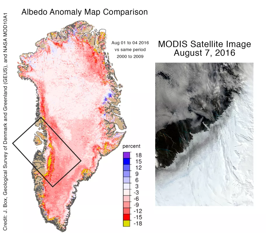 Albedo anomaly map comparison of Greenland ice sheet August 2016