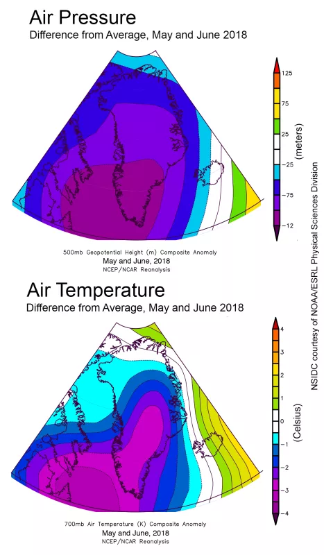 Air pressure anomaly for May and June 2018