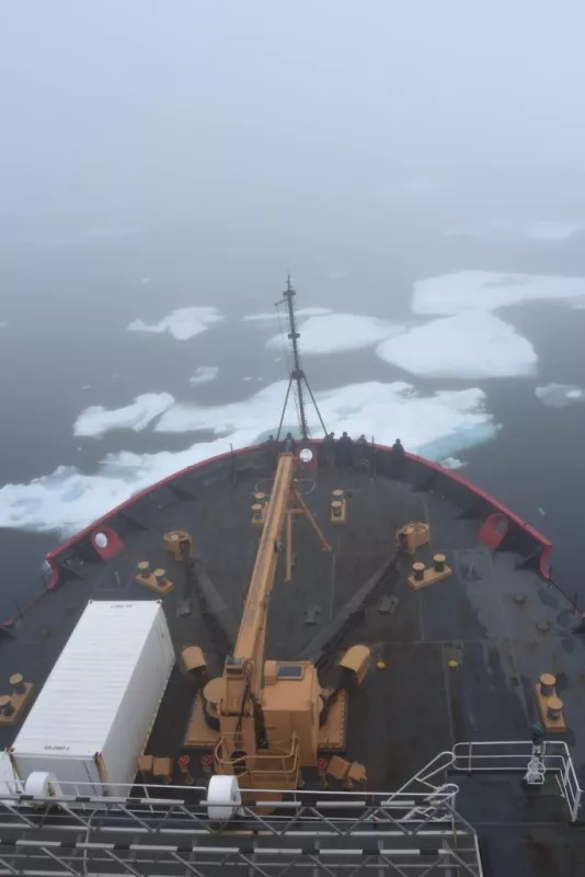 US Coast Guard crew members observe sea ice from the bow of the icebreaker Healy in the Chukchi Sea in Alaska on July 29, 2021. 
