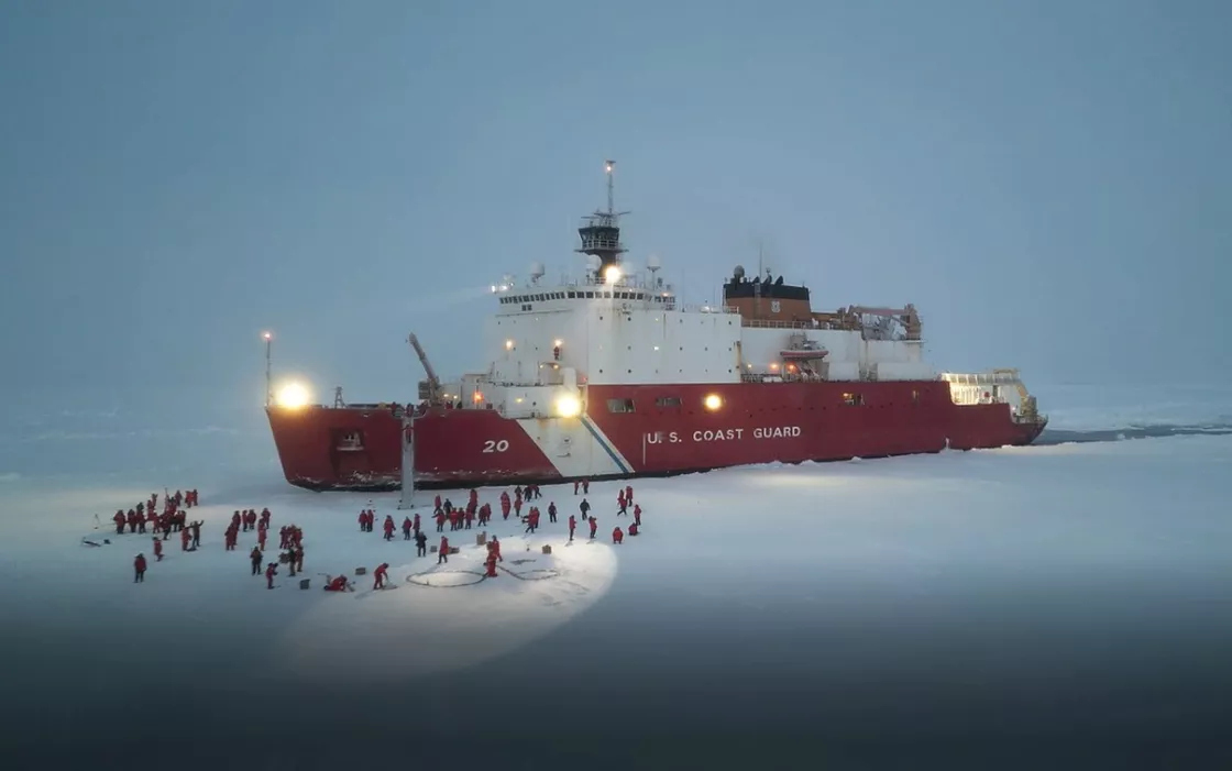 US Coast Guard crew members and science team enjoy “ice liberty” outside the 420-foot Healy icebreaker at the North Pole on October 2, 2022. As of 2023, the United States operates two icebreakers―Polar Star and Healy―although a third has been commissioned by the Coast Guard. The third icebreaker will be known as Polar Sentinel and, at earliest, is expected to be completed in May 2025. Russia, on the other hand, has around 50 icebreakers with more on the way. 