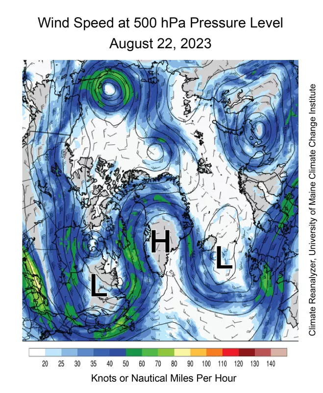 This map shows wind speed in nautical miles per hour and height contours as tens of meters of the 500 hPa level in the upper atmosphere (about 5,500 meters or 18,000 feet), in the middle atmosphere, showing the omega pattern [Ω] surrounding Greenland on August 22. 