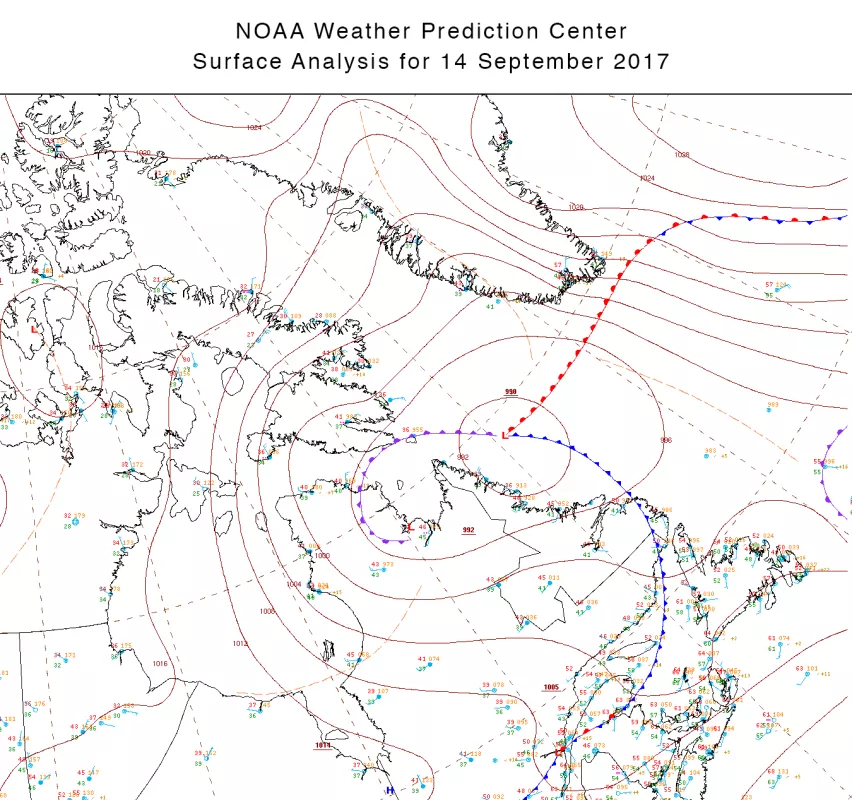 This map shows the NOAA Weather Prediction Center surface analysis at 0900 Greenwich Mean Time (GMT)/Coordinated Universal Time (UTC) on Thursday 14 September 2017. A low pressure system located off the coast of Newfoundland with a warm front approaches southern Greenland