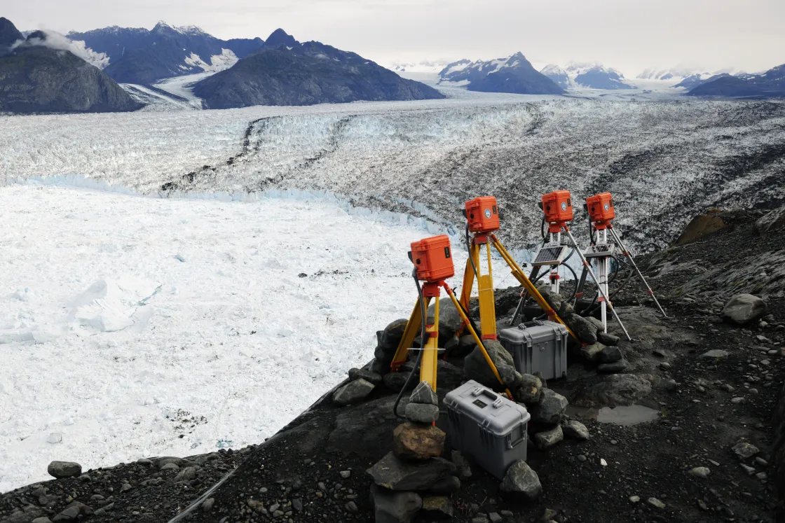 Four time-lapse cameras overlook Columbia Glacier in Alaska. 